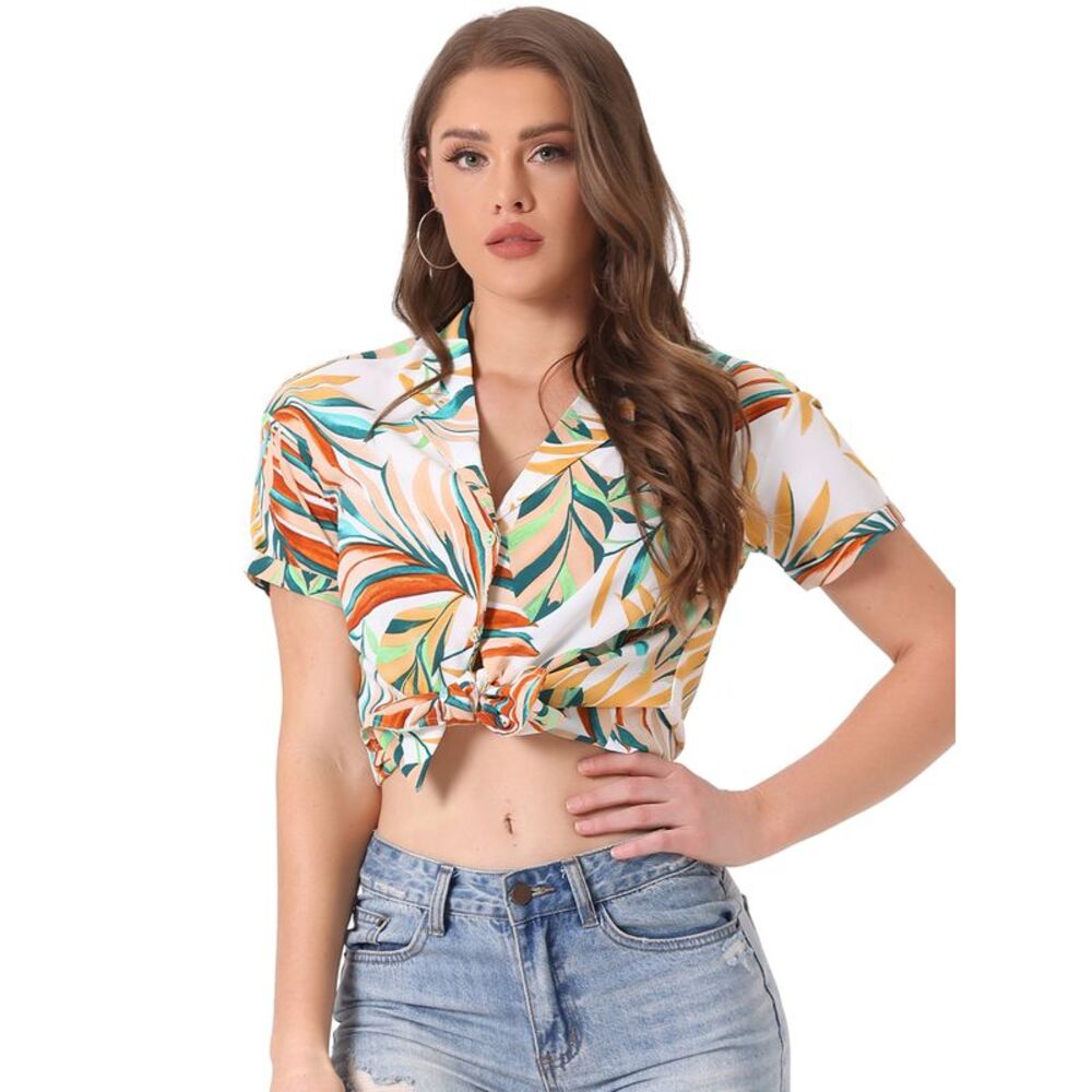 Shirt Crop Top Floral Leave Print Short Sleeve Tropical Button Down White Yellow